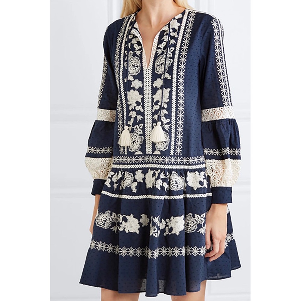 Tory Burch Navy and Ivory Embroidered Mini Dress